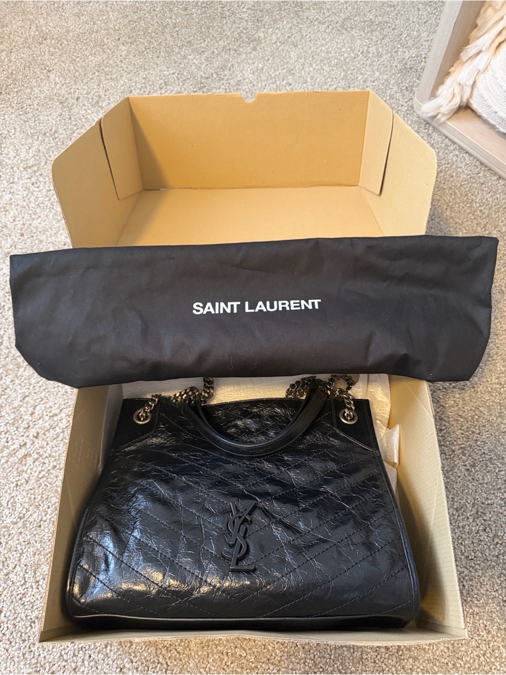 Saint Laurent Black Niki Shopping Tote with YSL Logo. With Dust Bag, Cards, Box